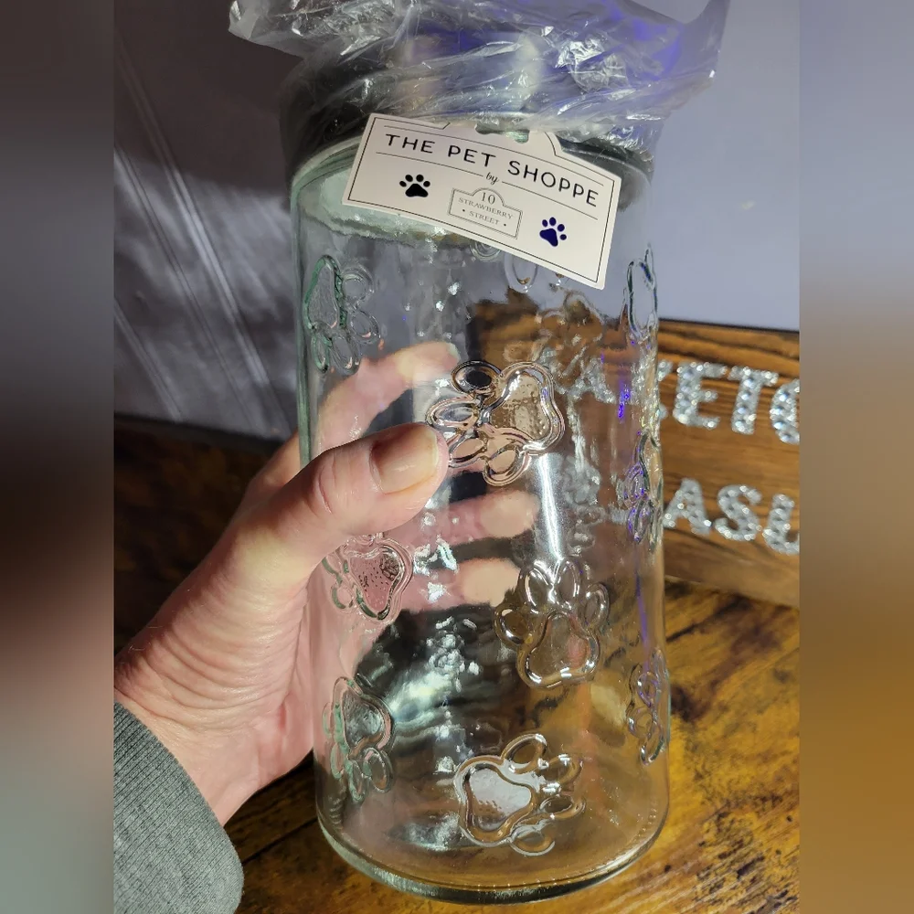 THE PET SHOPPE Glass Dog paw print Storage Jar with Silver Lid